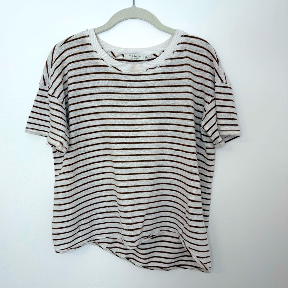 MODODOC Striped Crew Tee Linen Women’s XS Boxy Oversized Distressed Lightweight